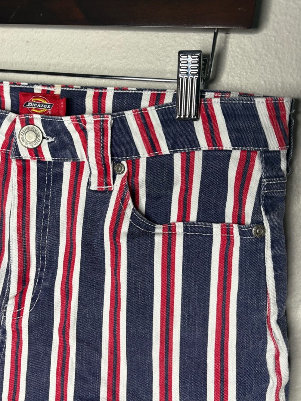 Dickies Red Blue Stripe Cuffed High Waist Denim Shorts Summer Size 30 - Picture 3 of 8